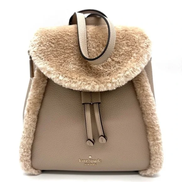 Kate Spade Medium Flap Fur Faux Shearling Backpack Tan - Picture 3 of 10